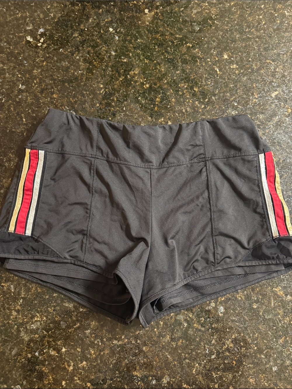 Lucky in Love Black Large Athletic Shorts with Red and Gold Stripe Accents